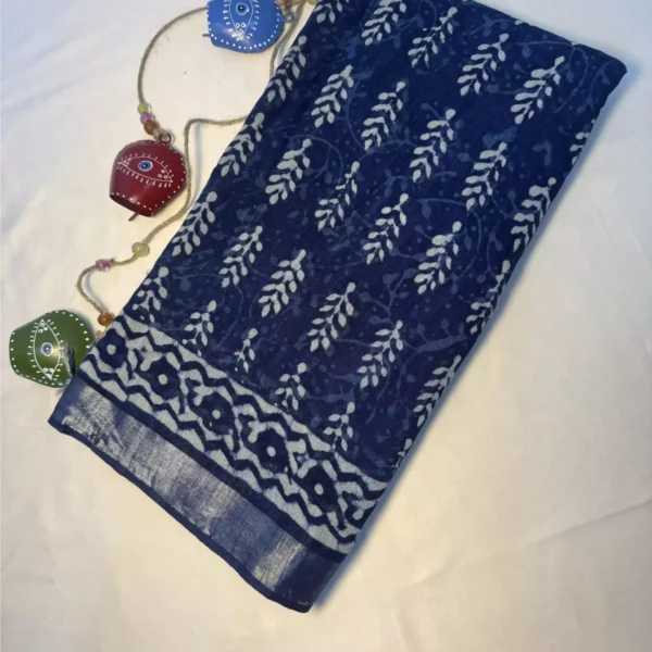 Suvira Indigo Hand-Printed Cotton Mulmul Saree