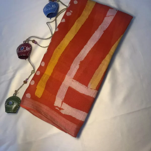 Suvira Rust Orange Abstract Hand-Printed Cotton Mulmul Saree