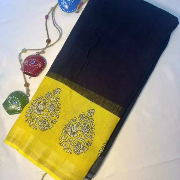 Suvira Black & Mustard Yellow Hand-Printed Cotton Mulmul Saree
