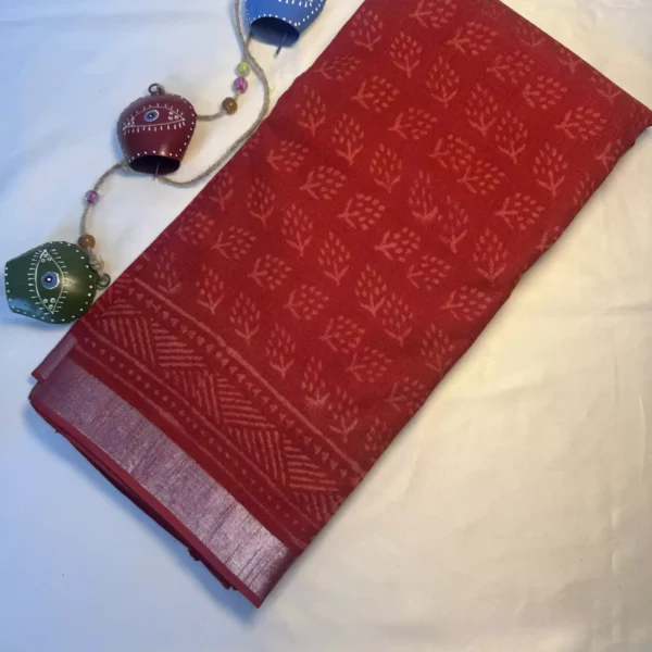 Suvira Deep Maroon Hand-Printed Cotton Mulmul Saree