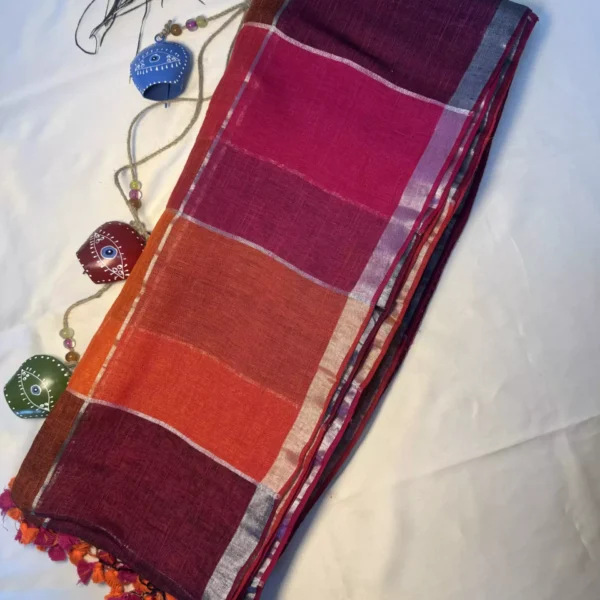 Suvira Wine & Rust Multicolor Checks Cotton Mulmul Saree with Tassels