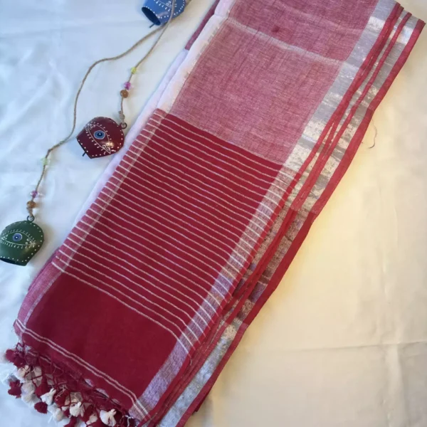 Suvira Rose Maroon Striped Cotton Mulmul Saree with Tassels