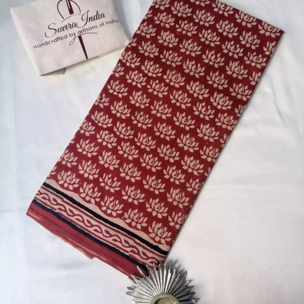 Suvira Brick Red Lotus Hand-Printed Cotton Mulmul Saree