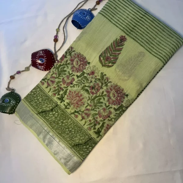 Suvira Pastel Green Hand-Printed Cotton Mulmul Saree