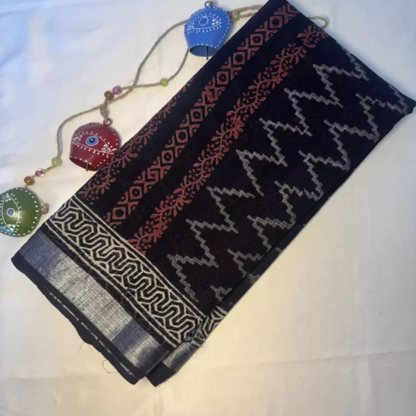 Suvira Charcoal Black Hand-Printed Cotton Mulmul Saree